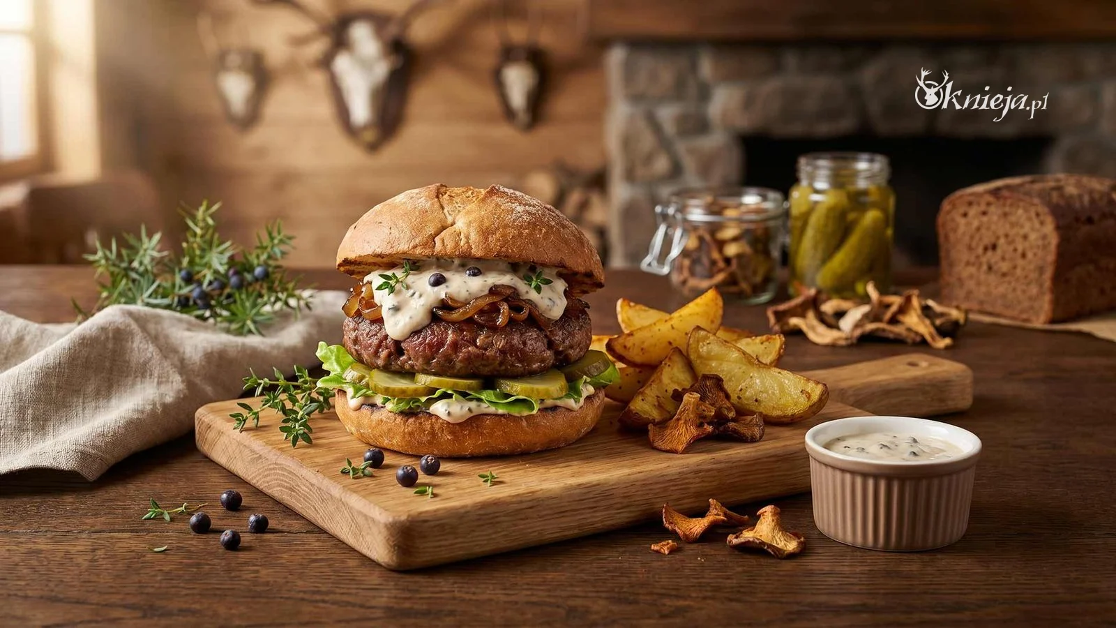 Burger z dziczyzny z sosem jałowcowym, piklami i pieczonymi ziemniakami podany na rustykalnej desce
