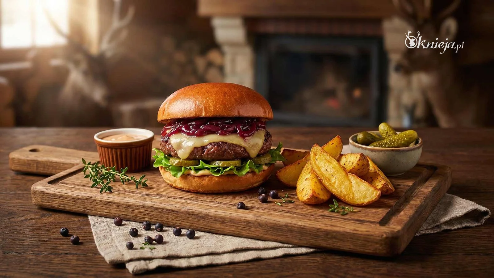 Burger z jelenia z konfiturą z czerwonej cebuli, piklami, sałatą i pieczonymi ziemniakami na drewnianej desce