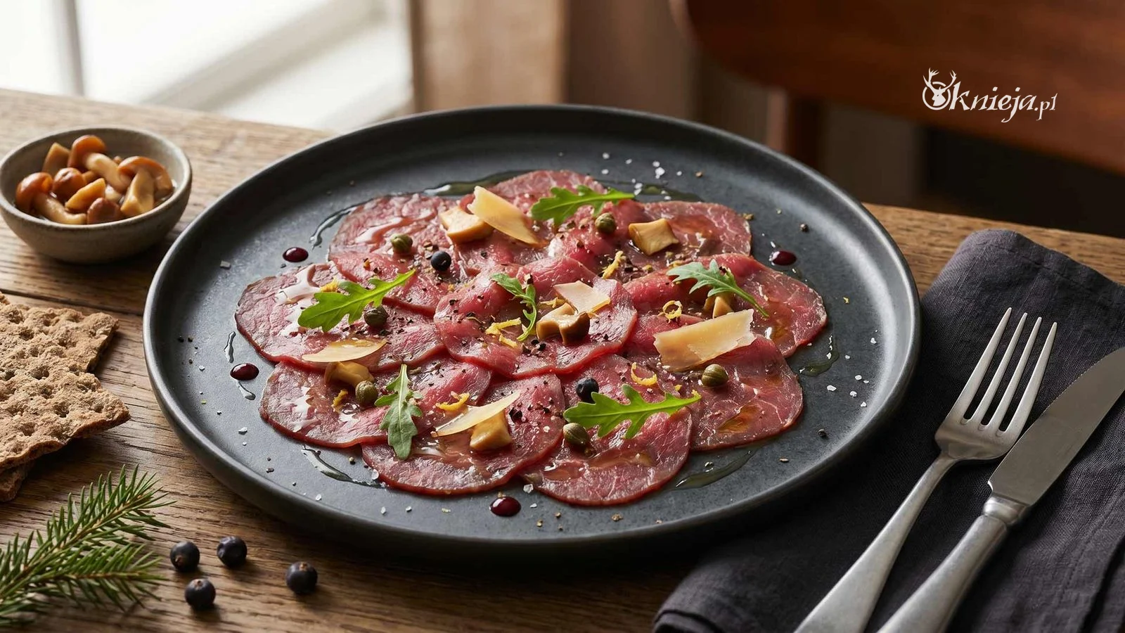 Carpaccio z sarny na ciemnym kamiennym talerzu - cienkie rubinowe plastry sarniny, olej rydzowy, kapary, marynowane kurki, jałowiec, płatki dojrzewającego sera i mikroliście, elegancka przekąska premium z dziczyzny