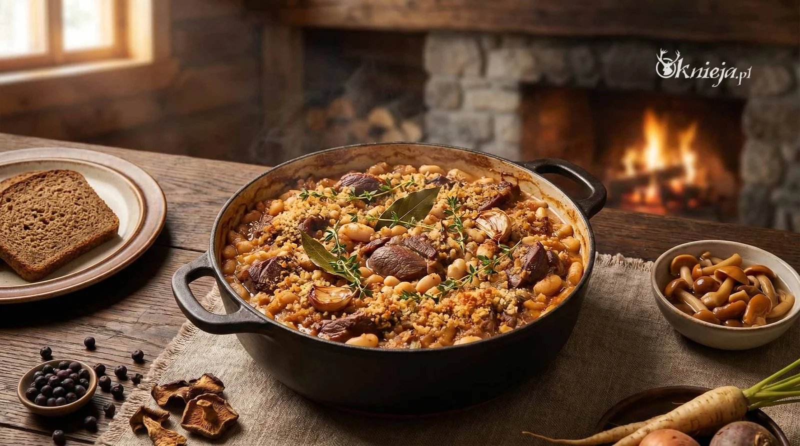 Cassoulet myśliwskie z dziczyzną i fasolą podany w rustykalnym stylu kuchni myśliwskiej