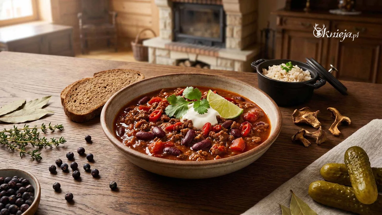 Chili con carne z dzika podany w rustykalnym stylu kuchni myśliwskiej