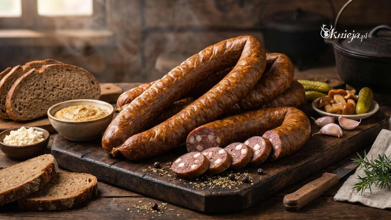 Kiełbasa myśliwska wędzona z dziczyzny na drewnianej desce - pętka i plastry kiełbasy, chleb żytni, ogórki kiszone, jałowiec, czosnek, musztarda i ciepły dym w tle, rustykalna kuchnia myśliwska