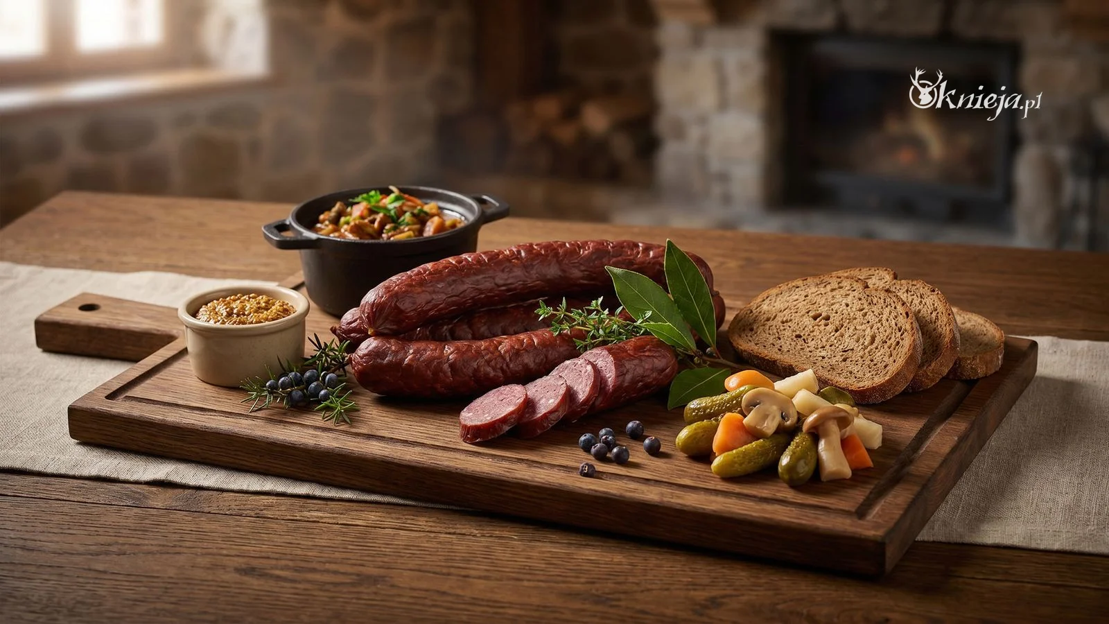 Kiełbasa podsuszana z sarny podany w rustykalnym stylu kuchni myśliwskiej