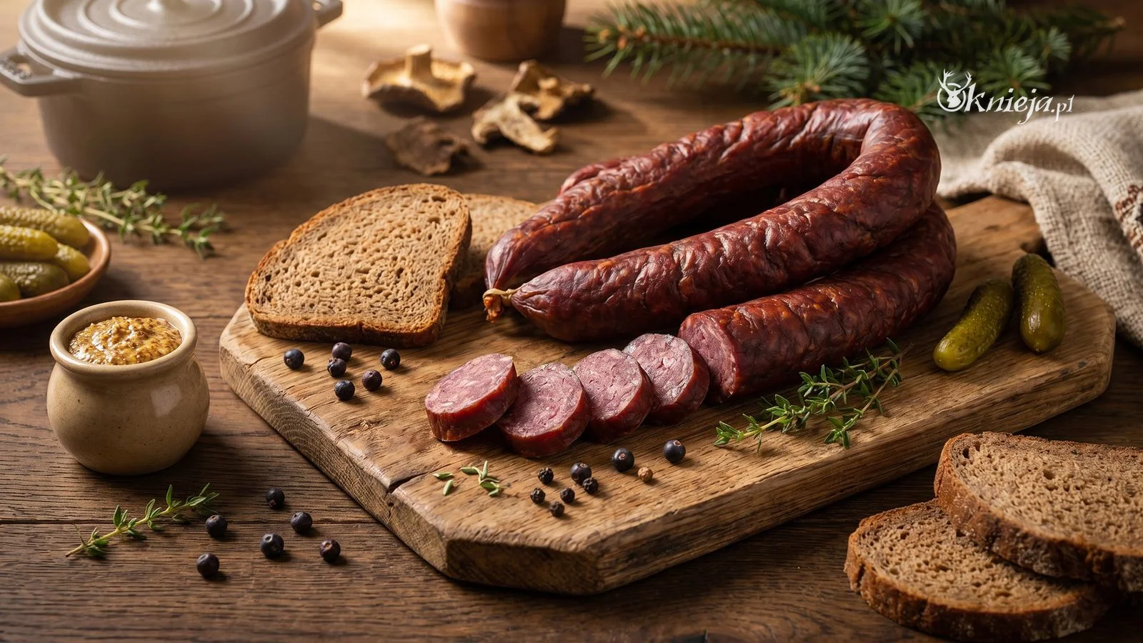 Kiełbasa sucha z jelenia podany w rustykalnym stylu kuchni myśliwskiej