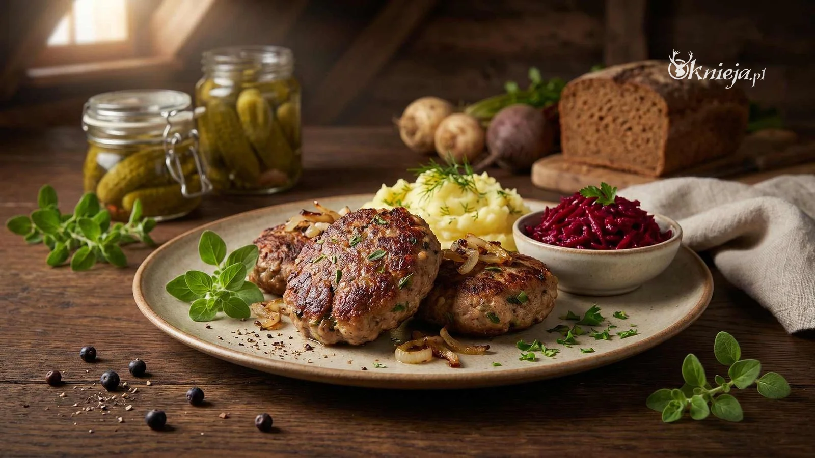 Kotlety mielone z dzika z majerankiem podane z puree ziemniaczanym, buraczkami i ogórkiem kiszonym
