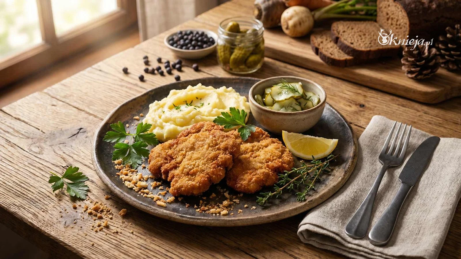 Kotlety schabowe z dzika w chrupiącej panierce podane z puree ziemniaczanym, ogórkiem kiszonym i natką pietruszki