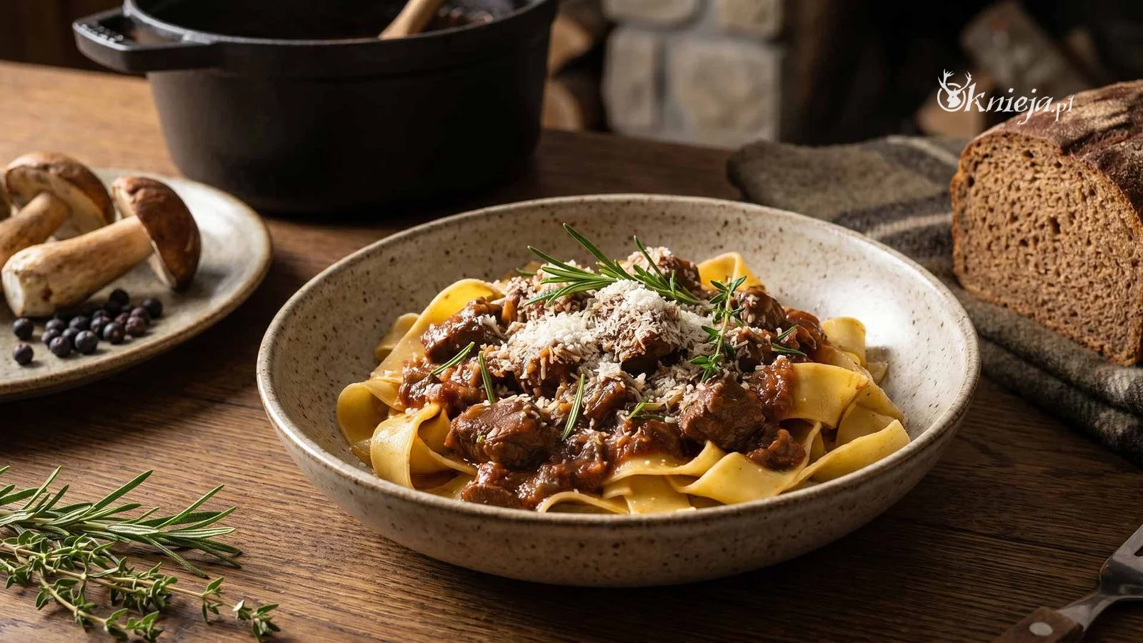 Pappardelle z ragù z jelenia podany w rustykalnym stylu kuchni myśliwskiej