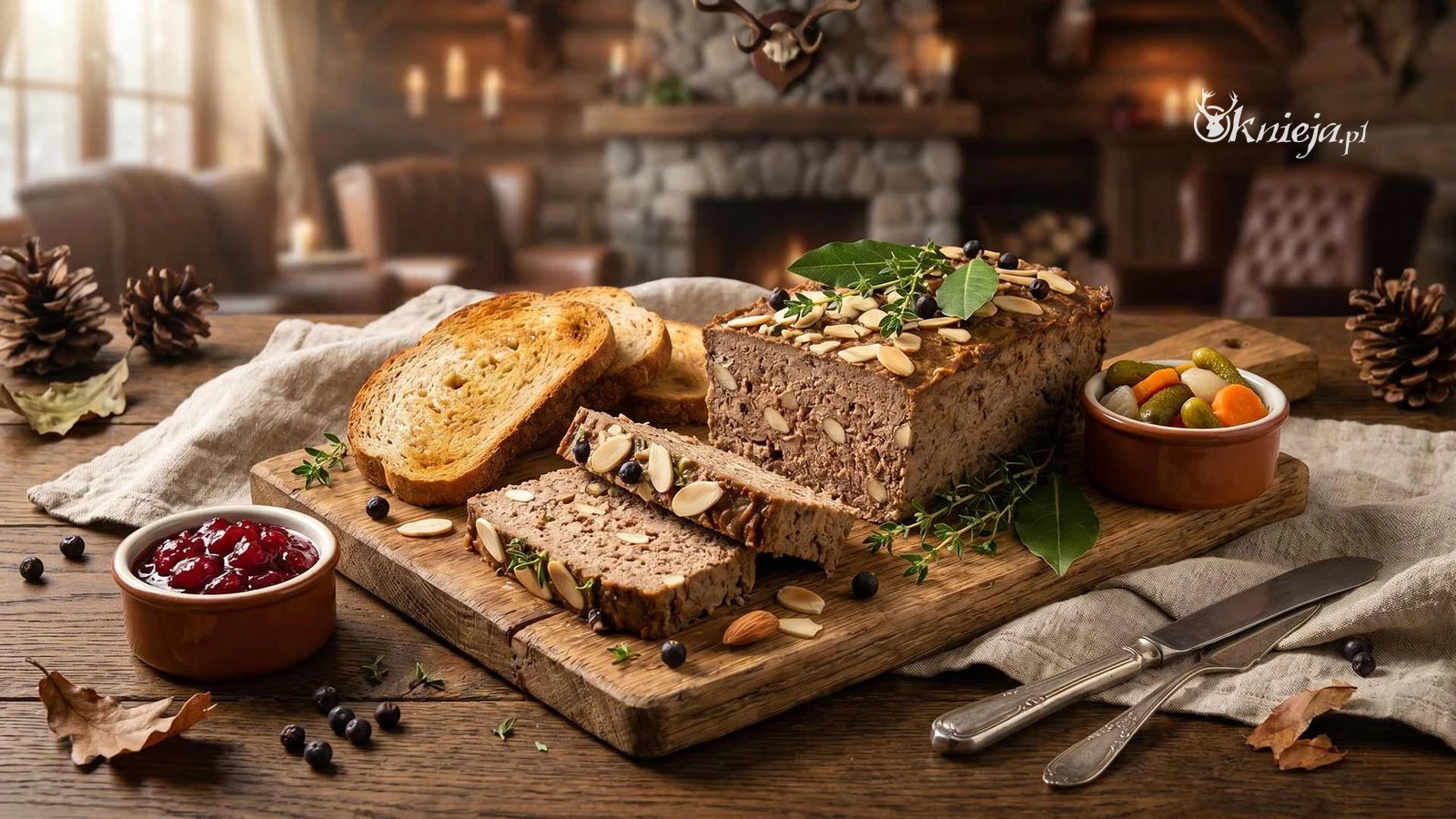 Pasztet z bażanta z migdałami, żurawiną, grzankami i ziołami na ceramicznej desce