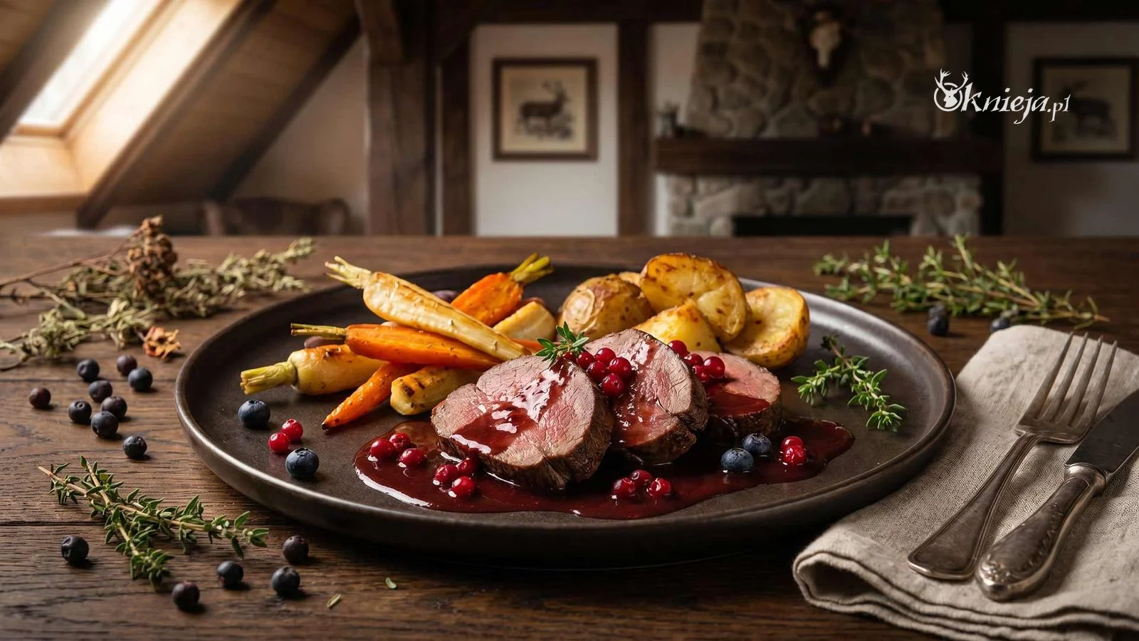 Pieczeń z jelenia pokrojona w plastry z sosem z czerwonego wina i borówek, podana z puree i warzywami korzeniowymi
