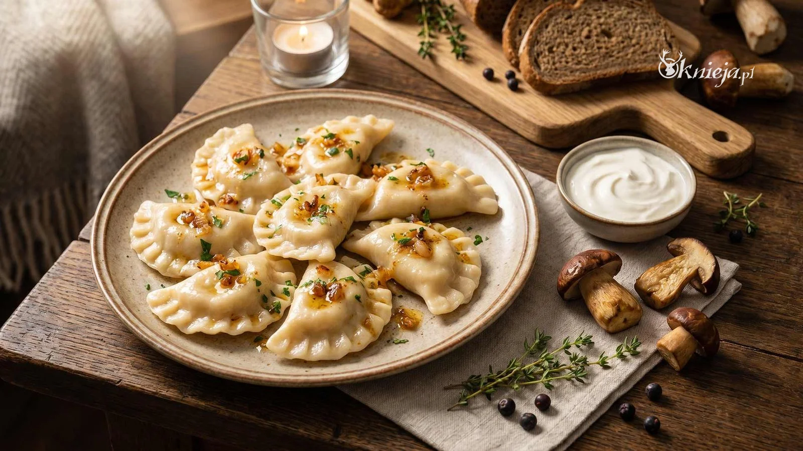 Pierogi z dziczyzną i borowikami podane na ceramicznym talerzu z masłem, cebulką, natką pietruszki i leśnymi grzybami