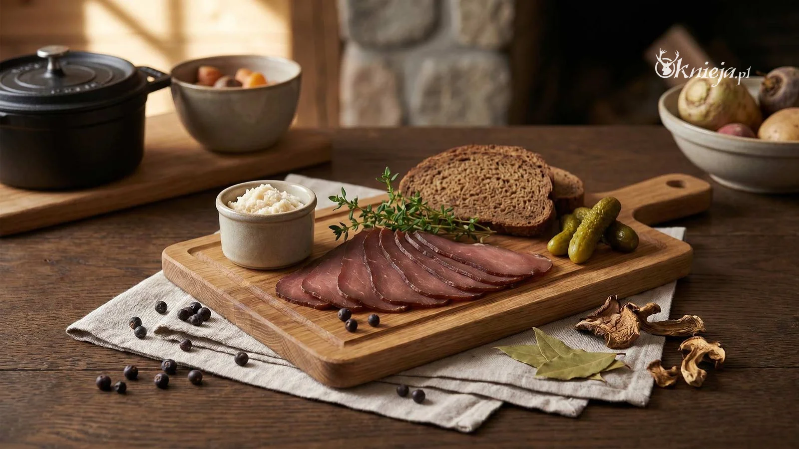 Polędwica wędzona z sarny podany w rustykalnym stylu kuchni myśliwskiej