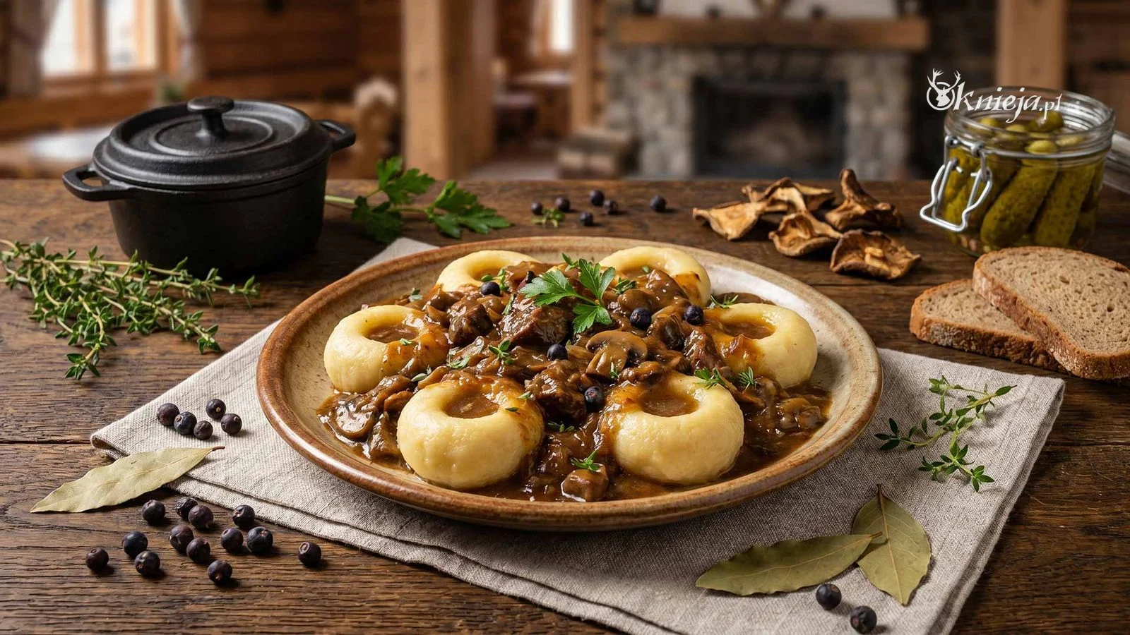 Ragout z dzika z kluskami śląskimi podany w rustykalnym stylu kuchni myśliwskiej