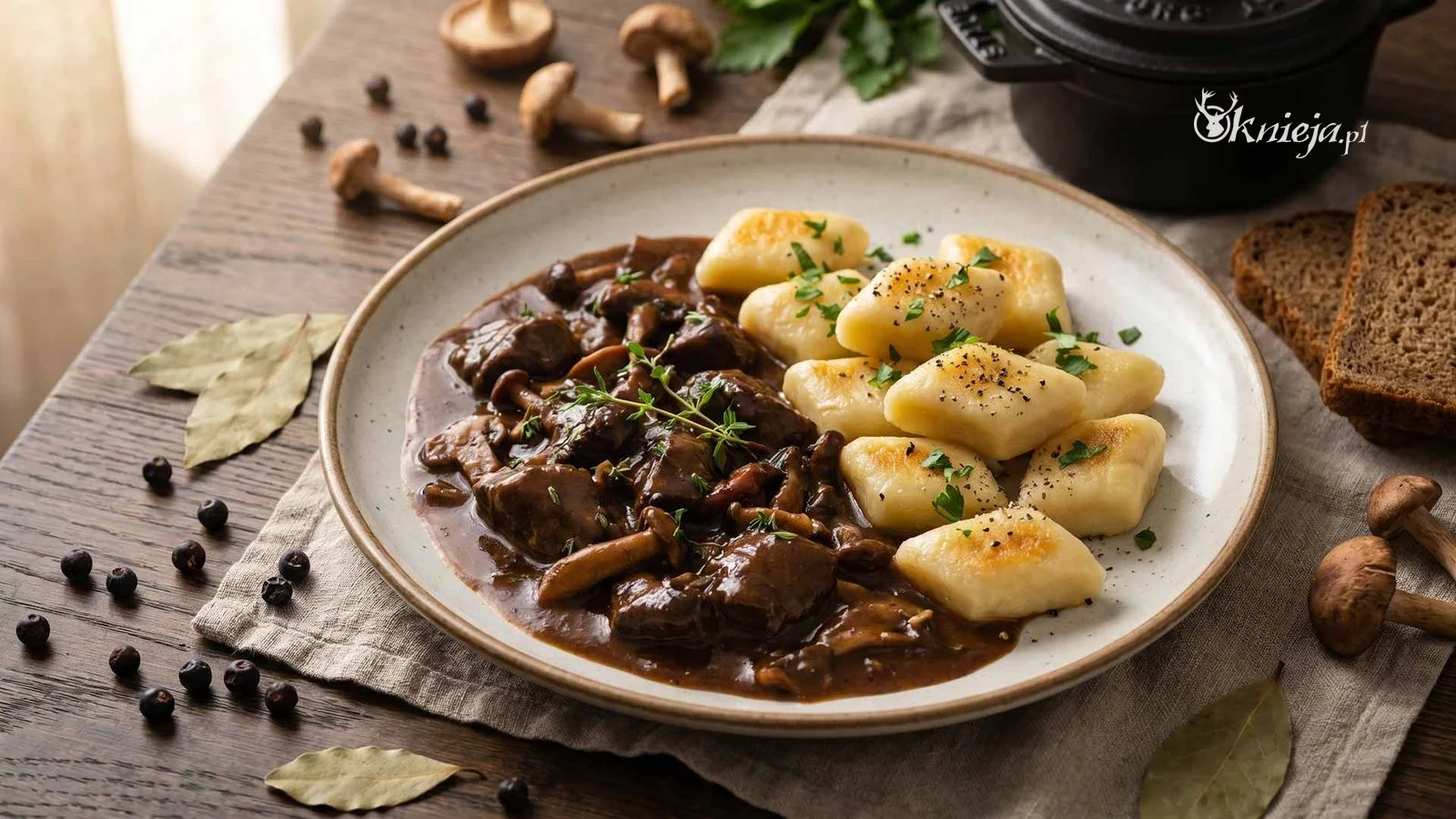 Ragout z jelenia z kopytkami podany w rustykalnym stylu kuchni myśliwskiej