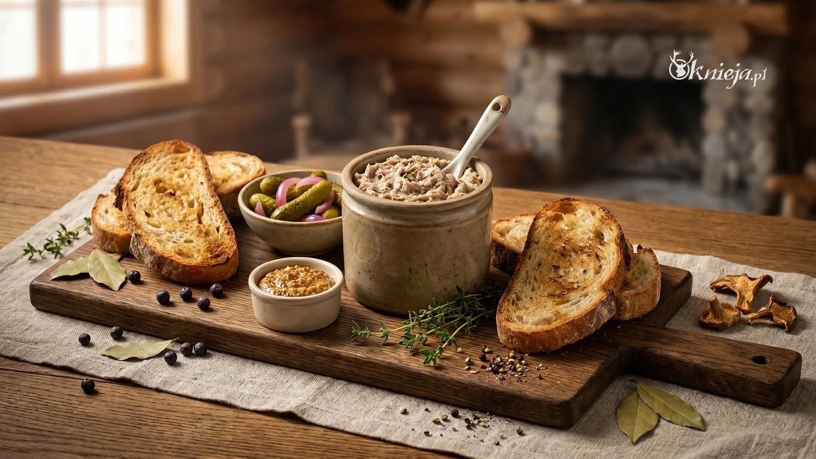 Rillettes z dziczyzny — francuska przekąska myśliwska podany w rustykalnym stylu kuchni myśliwskiej