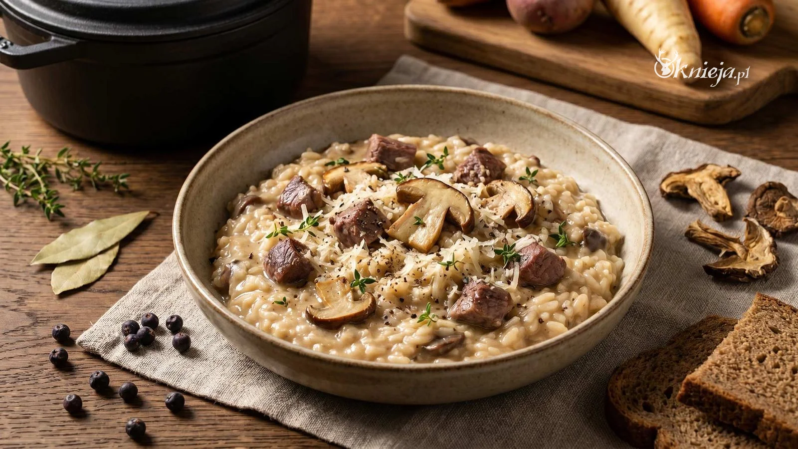 Risotto z dziczyzną i borowikami podany w rustykalnym stylu kuchni myśliwskiej