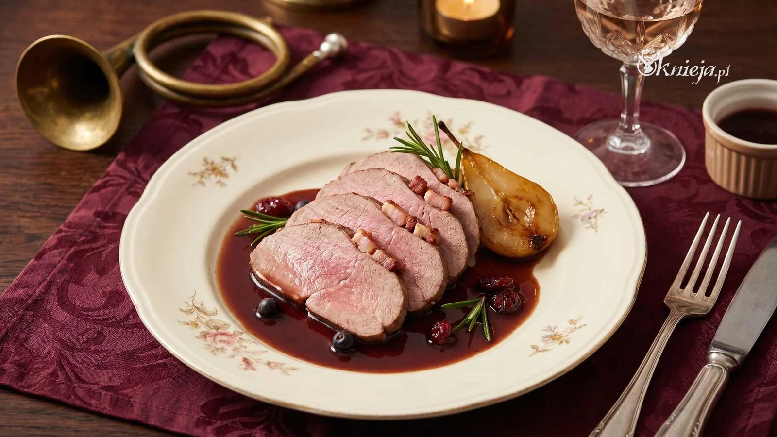 Sarnina pieczona w plastrach na ceramicznym talerzu - delikatne jasnoczerwone mięso udźca z sarny, szpikowane słoniną, polane ciemnym sosem z czerwonego wina z jałowcem, garnitur rozmaryn i suszone żurawiny