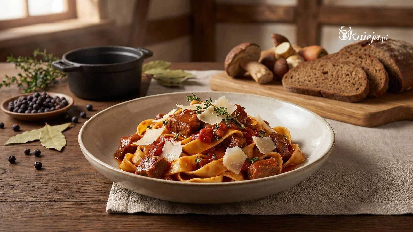 Tagliatelle z ragù z dzika podany w rustykalnym stylu kuchni myśliwskiej