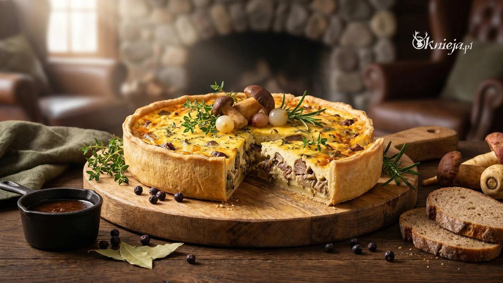 Tarta wytrawna z dziczyzną i grzybami podany w rustykalnym stylu kuchni myśliwskiej