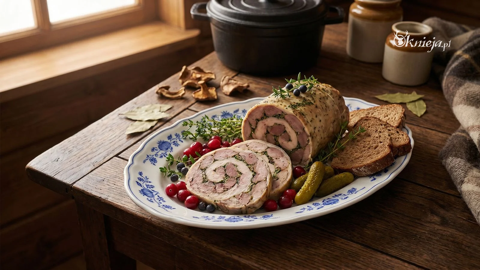 Terrina z dzika z pistacjami i żurawiną podany w rustykalnym stylu kuchni myśliwskiej