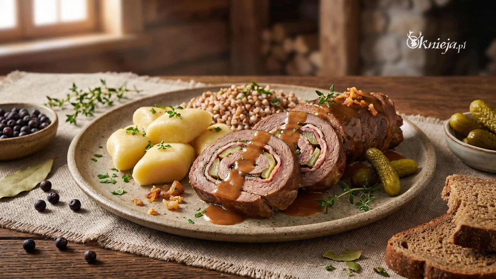 Zrazy z sarniny z boczkiem i ogórkiem kiszonym w ciemnym sosie, podane z kluskami i buraczkami