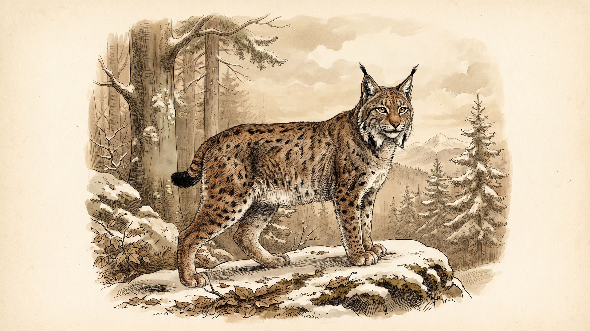 Ryś euroazjatycki (Lynx lynx) — największy europejski dziki kot, charakterystyczne pędzelki na uszach, krótki ogon, rudo-brązowe futro z czarnymi plamami, masywne łapy z wciągalnymi pazurami